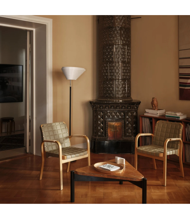 Artek  Artek Armchair 45 black birch with blue-black webbing and leather arm