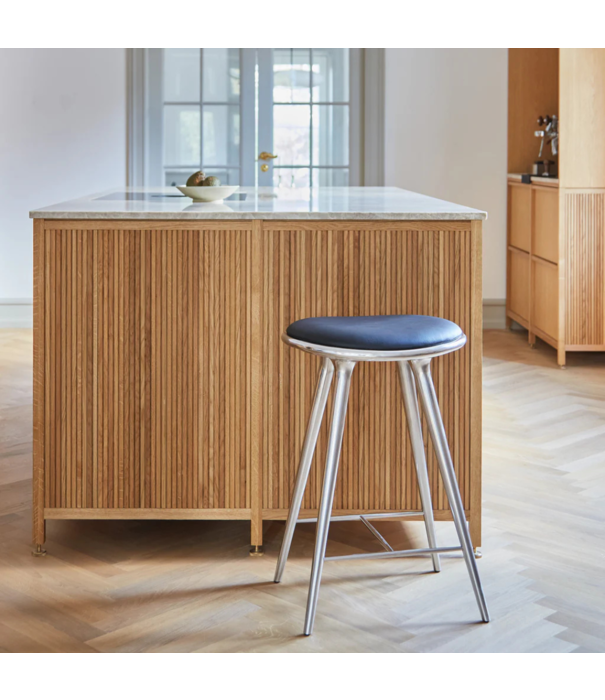 Mater Design  Mater High Stool polished aluminium, black leather 69cm