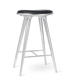 Mater High Stool gepolijst aluminium, zwart leer 74cm