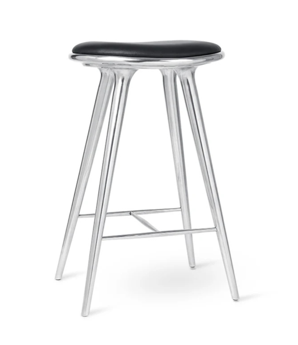 Mater Design  Mater High Stool gepolijst aluminium, zwart leer 74cm