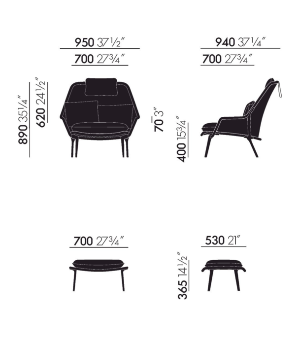 Vitra  Vitra Slow Chair & Ottoman Flocca beige, gepolijst aluminium poten