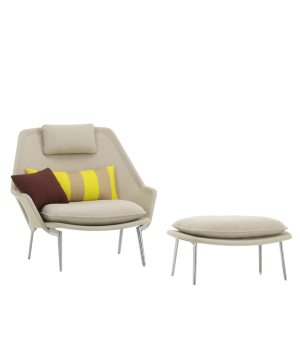 Vitra  Vitra Slow Chair & Ottoman Flocca beige, gepolijst aluminium poten
