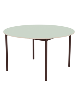Muuto Base Eettafel Rond, licht groen laminaat, bruin rood onderstel