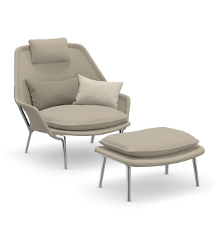 Vitra Slow Chair & Ottoman Flocca beige, gepolijst aluminium poten