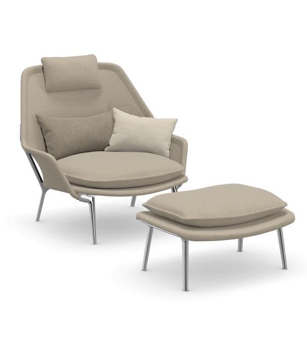Vitra  Vitra Slow Chair & Ottoman Flocca beige, polished aluminium legs