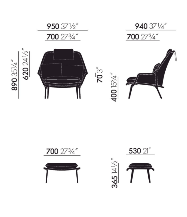 Vitra  Vitra Slow Chair & Ottoman Flocca dark blue, zwart aluminium poten