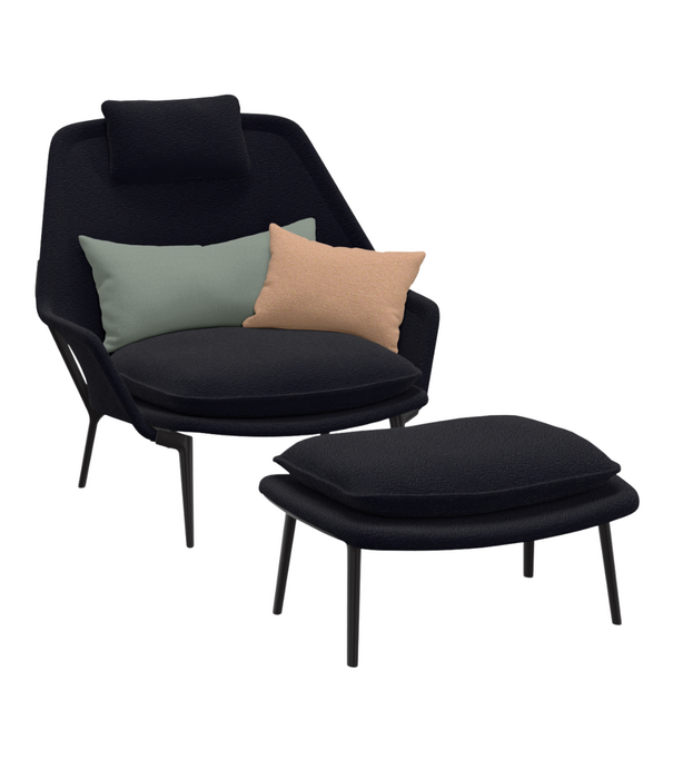 Vitra  Vitra Slow Chair & Ottoman Flocca dark blue, black aluminium legs