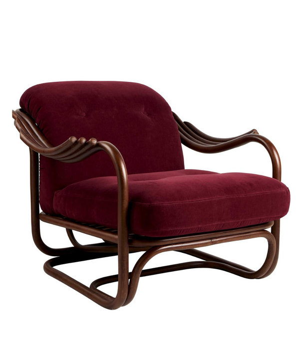 Gubi  Poltrona Tria Lounge Chair dark rattan, Fustagno red 006