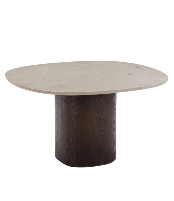Wendelbo Ovata Eettafel donker eiken voet, Jura kalksteen grijs