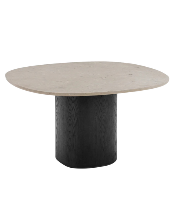 Wendelbo Ovata Eettafel zwart eiken voet, Jura kalksteen grijs