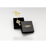 Cardboard box pendant with logo print.