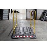 Construction site footbridge with yellow handrails