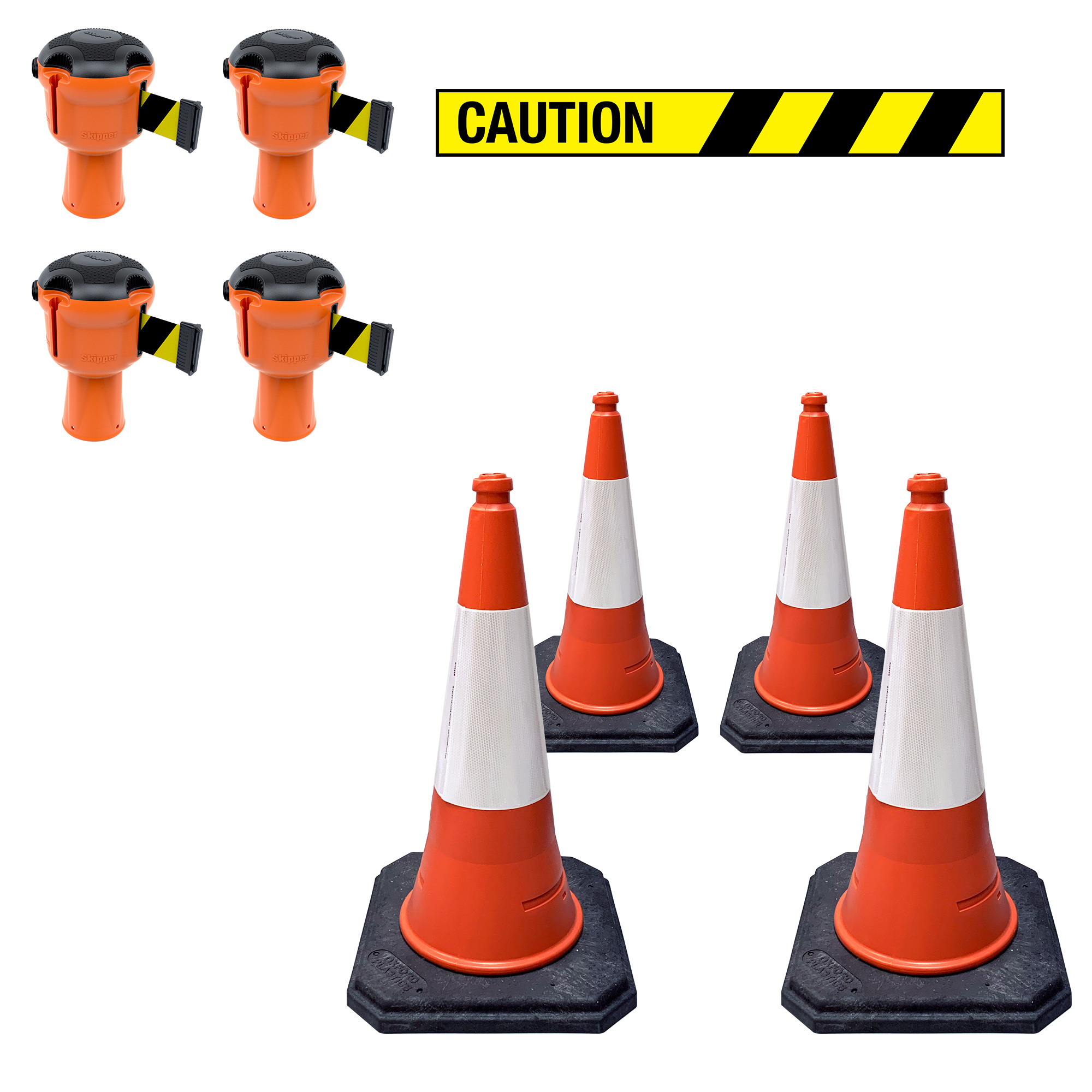 Skipper economy cone set 81 m2 with PU traffic cones and Skipper barrier belt units