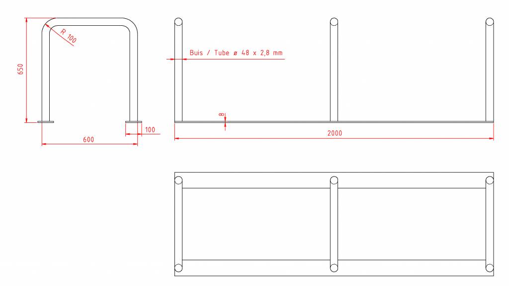 BICYCLE RACK WITH 3 BRACKETS 2000 x 600 x 650 mm