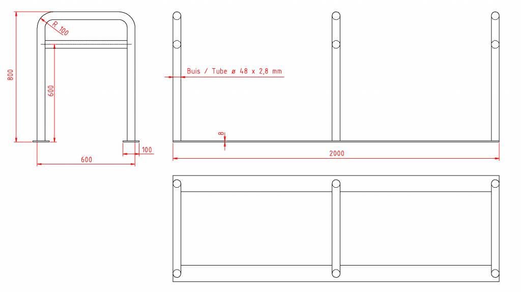 BICYCLE RACK WITH 3 BRACKETS 2000 x 600 x 800 mm