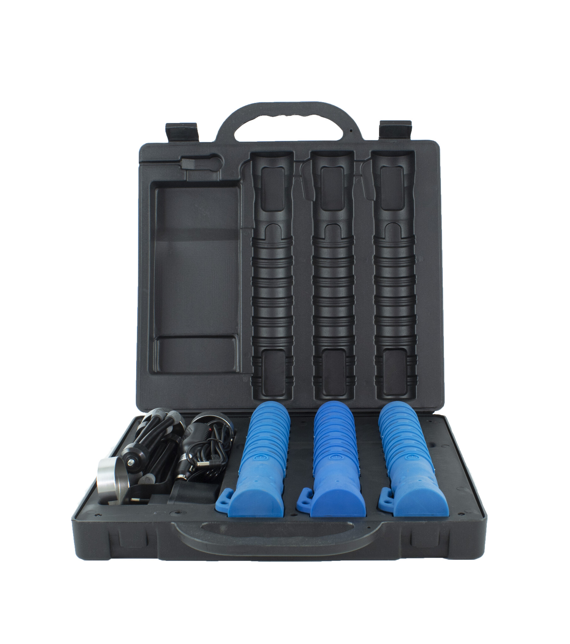 Case with 3 LED traffic batons - blue - rechargeable