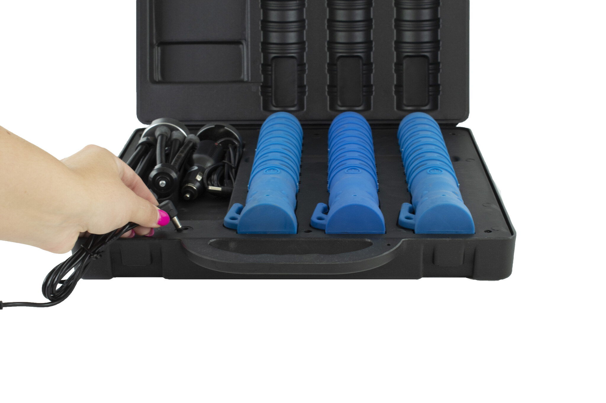 Case with 3 LED traffic batons - blue - rechargeable