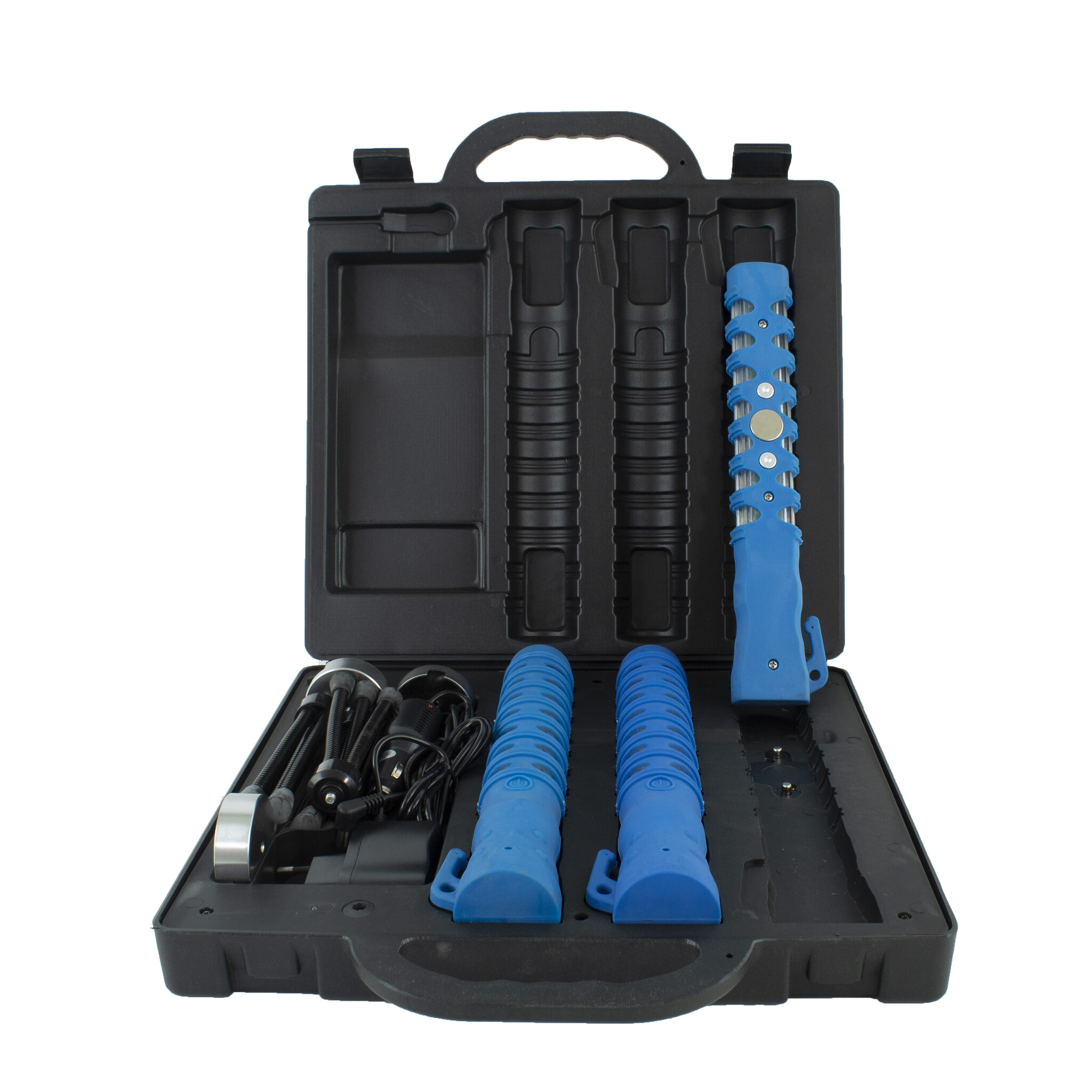 Case with 3 LED traffic batons - blue - rechargeable