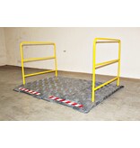 Construction site footbridge with yellow handrails