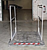 Construction site footbridge with grey handrails