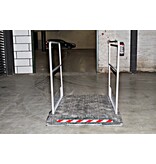 Construction site footbridge with grey handrails