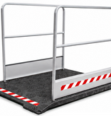 Construction site footbridge with grey handrails