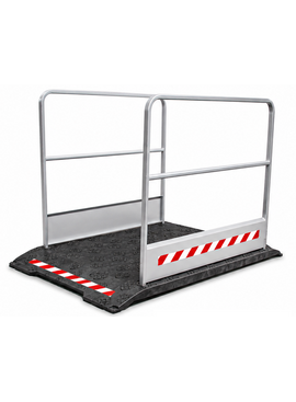 Loopbrug werf met grijze handrails