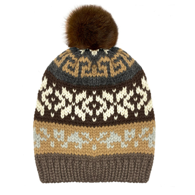 CAP WITH BOBBLE  JACQUARD - 100% ALPACA WOOL - BROWN - HANDMADE