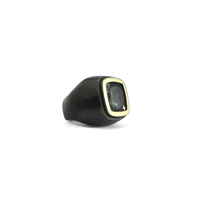 RING SILVER/GOLD PRASIOLITH - SQUARED - BOLIVIA