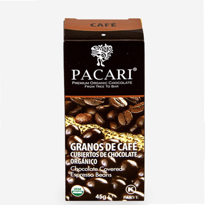 "PEPAS DE CAFÉ CUBIERTAS CON CHOCOLATE ORGÁNICO" - 60% CACAO - 45g - ECUADOR