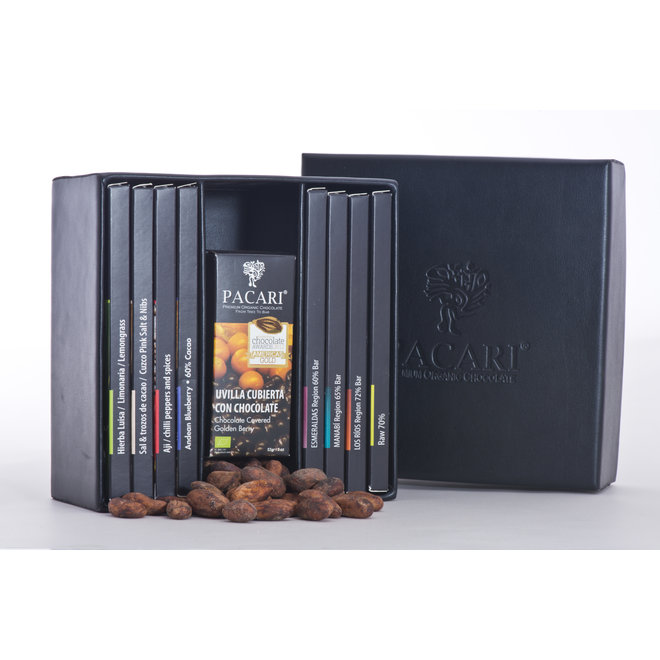 BIG "LEATHER GIFT BOX" WITH 8 ORGANIC CHOCOLATE BARS AND 2 COVERED FRUITS - 514g - ECUADOR