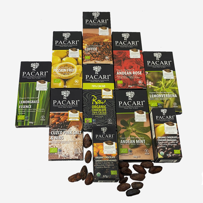 LARGE "GIFT BOX MADE OF LAUREL WOOD" WITH 8 CHOCOLATE BARS AND 2 CHOCOLATED FRUITS - ECUADOR