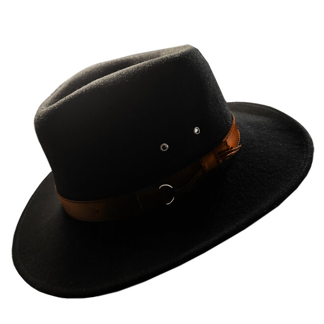 HUT "OUTBACK" WOLLFILZ AUS ECUADOR - SCHWARZ/LEDERBAND BRAUN