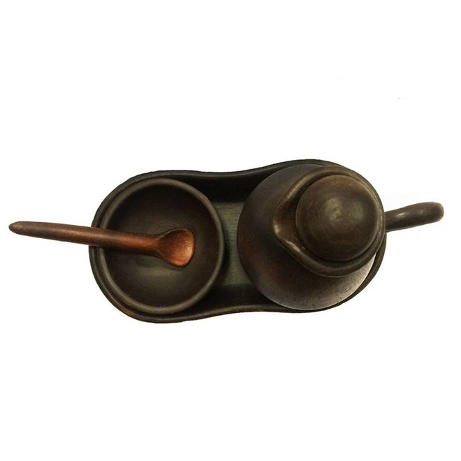 Oil can with spice bowl, Ceramic Pomaire Brown