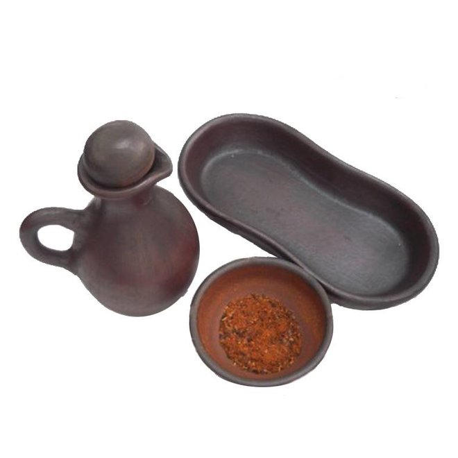 Oil can with spice bowl, Ceramic Pomaire Brown