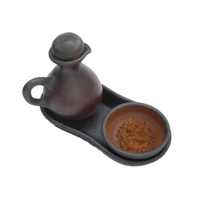 Oil can with spice bowl, Ceramic Pomaire Brown