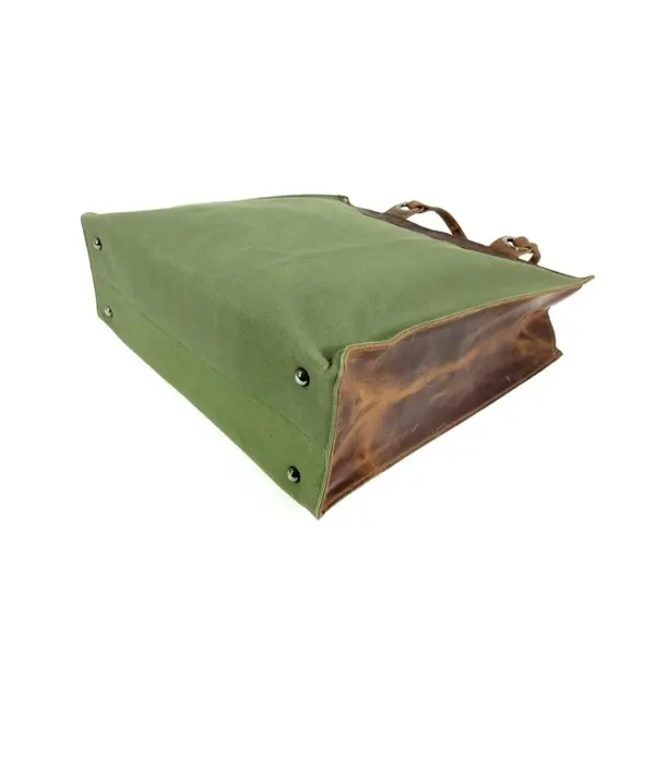 LEATHER DESIGN Trendy canvas boodschappen tas green - cognac