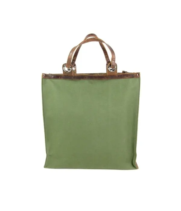 LEATHER DESIGN Trendy canvas boodschappen tas green - cognac