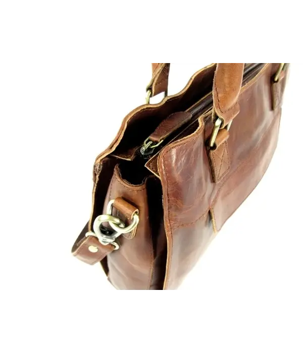 LEATHER DESIGN 3 vaks dames handtas schoudertas cognac