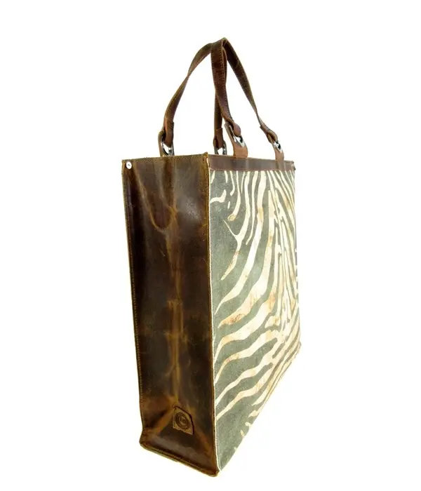 LEATHER DESIGN Trendy boodschappen tas Zebra print groen