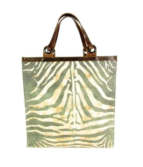 LEATHER DESIGN Trendy boodschappen tas Zebra print groen