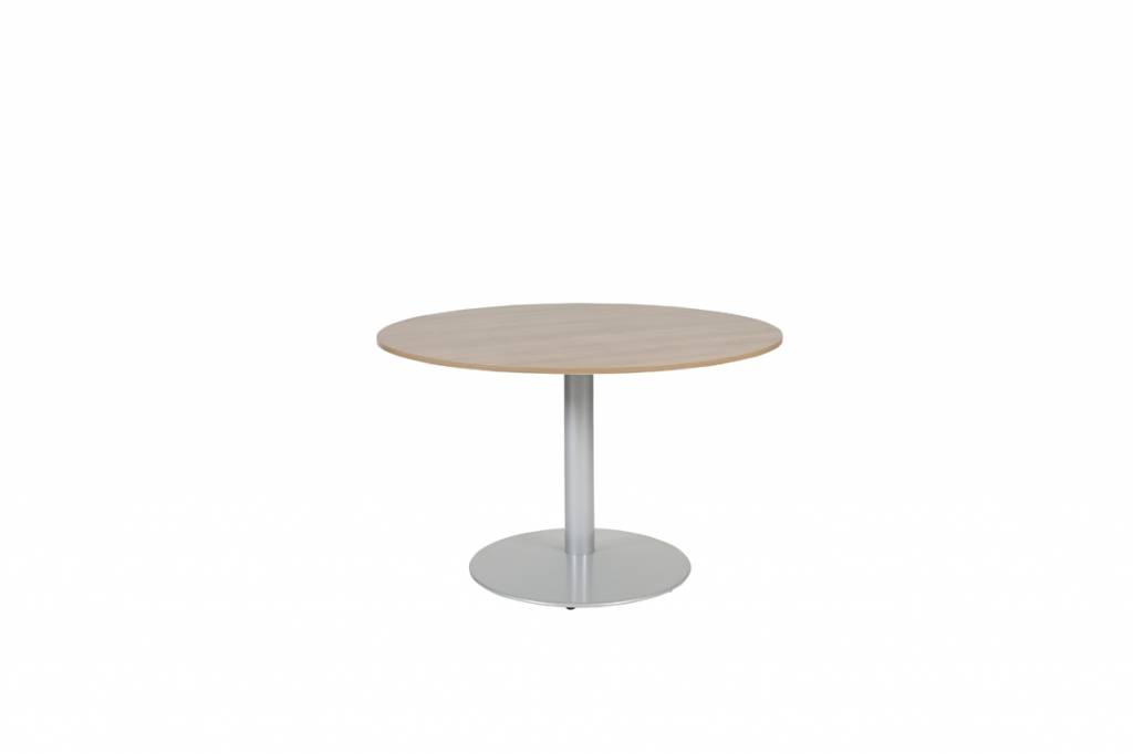 Schaffenburg T-lines 120cm ronde vergadertafel op vaste hoogte (74cm) met lindberg eiken 20mm blad en aluminium (RAL9006) trompetvoet