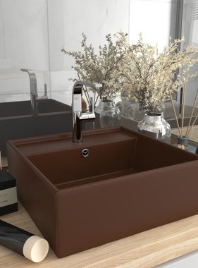 VidaXL Wastafel met overloop vierkant 41x41cm keramiek mat donkerbruin