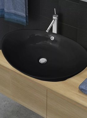 VidaXL Wastafel met overloop zwart ovaal keramiek 59 x 38,5 cm