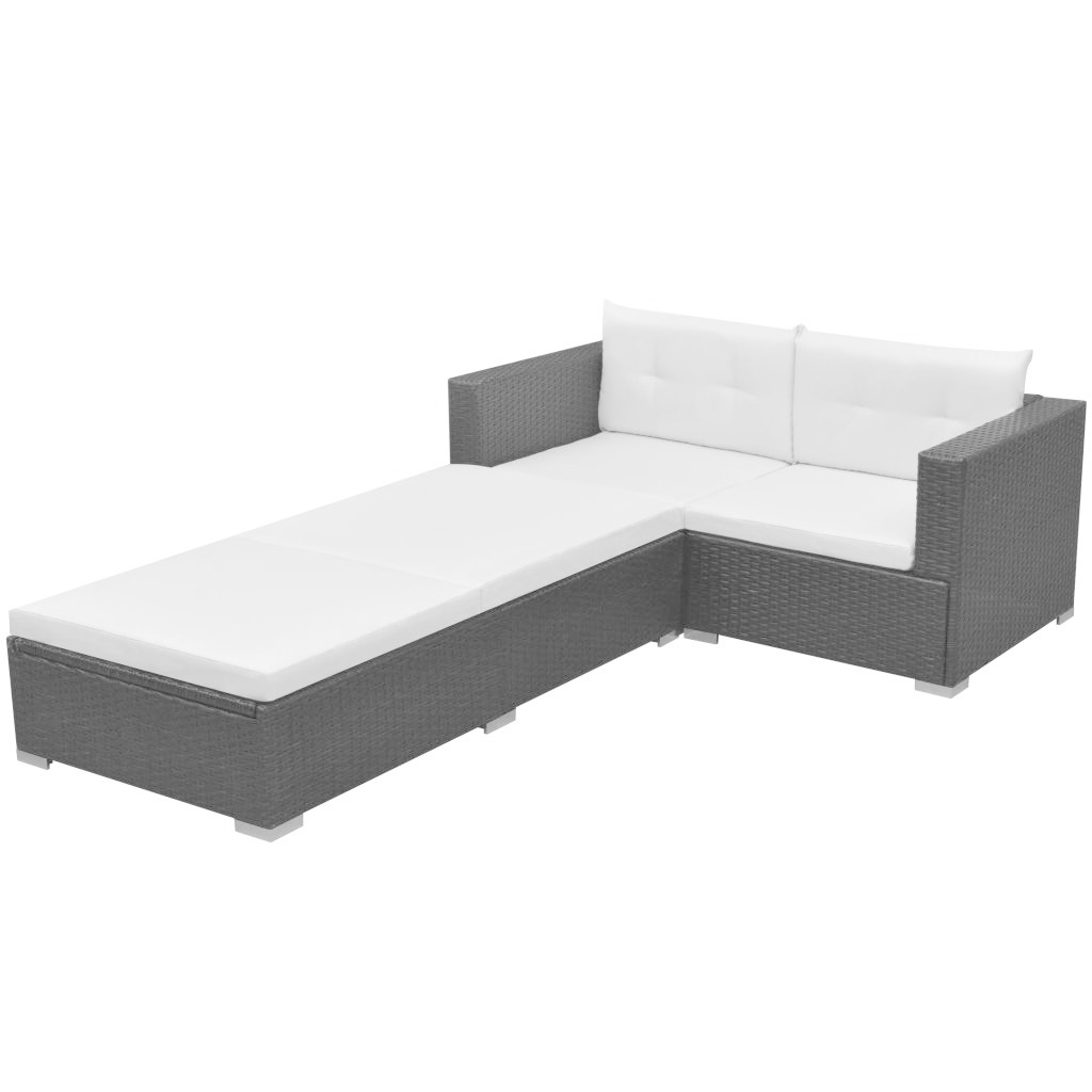 vidaXL 3-delige Loungeset met kussens poly rattan zwart