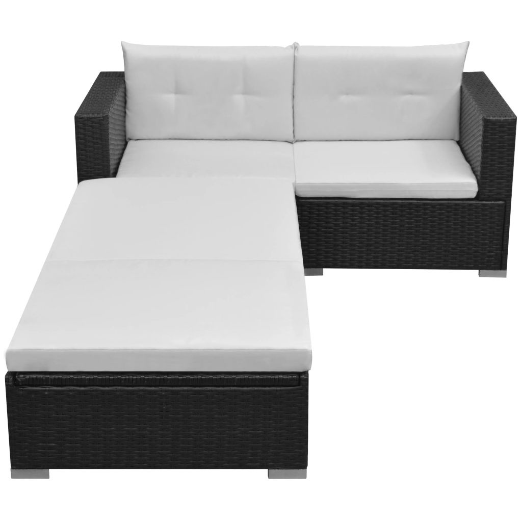 vidaXL 3-delige Loungeset met kussens poly rattan zwart