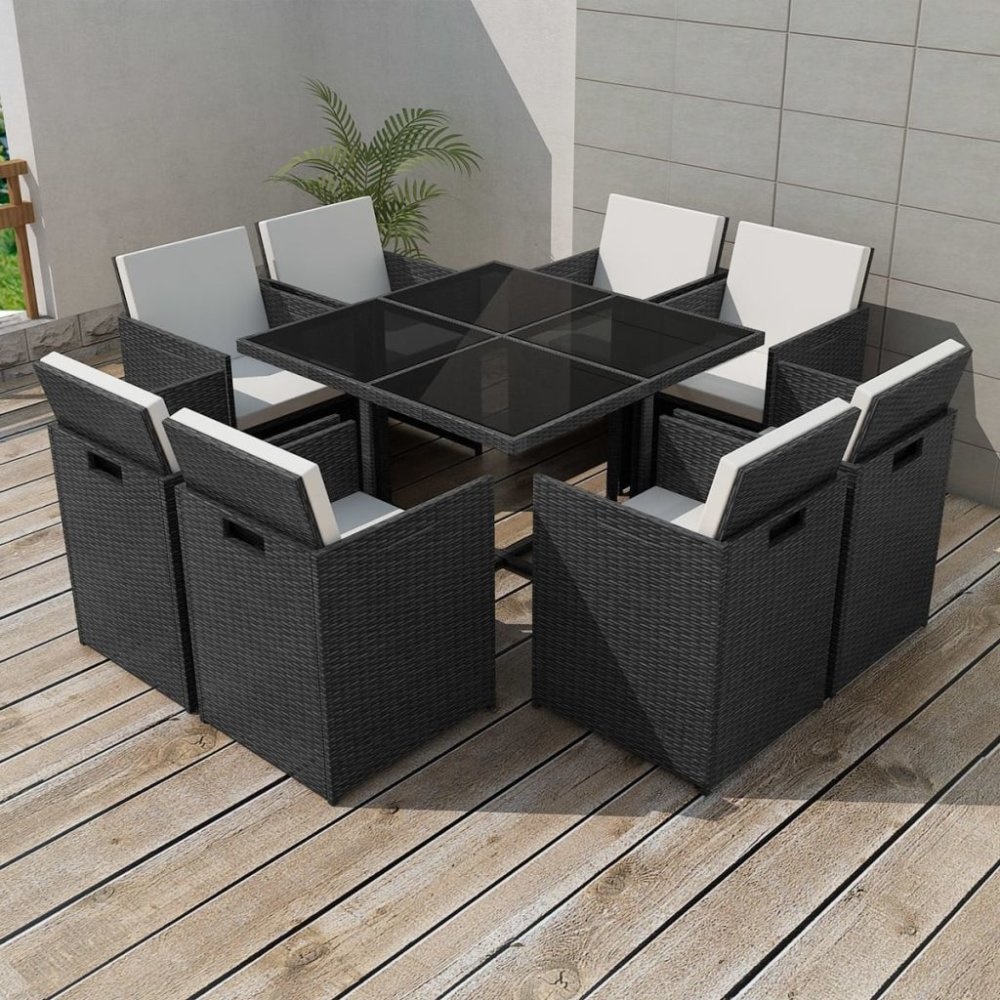 VidaXL 9-delige Tuinset met kussens poly rattan zwart