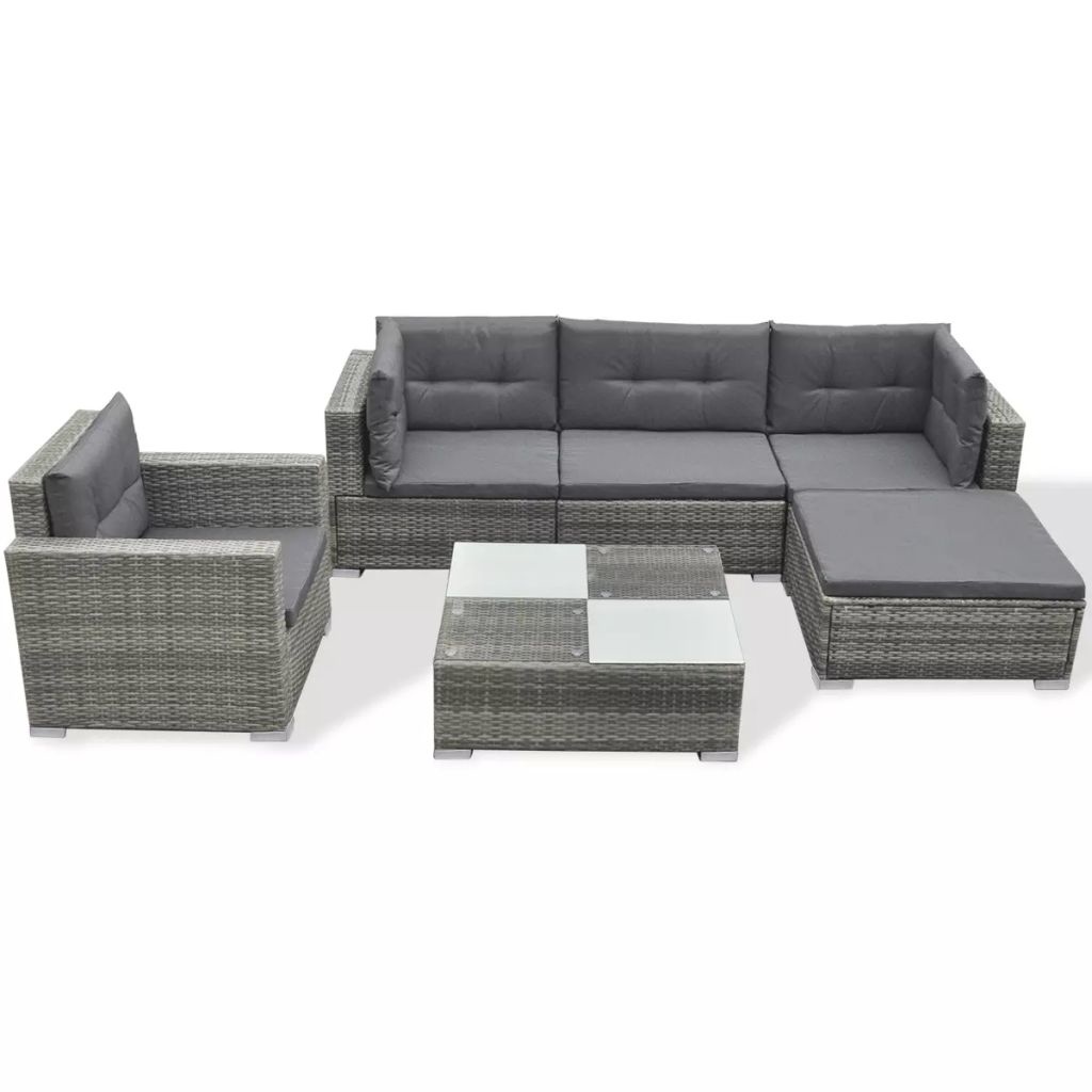 vidaXL 6-delige Loungeset met kussens poly rattan grijs