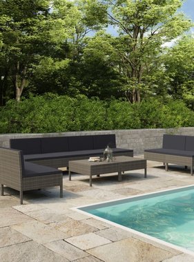 VidaXL 10-delige Loungeset met kussens poly rattan grijs