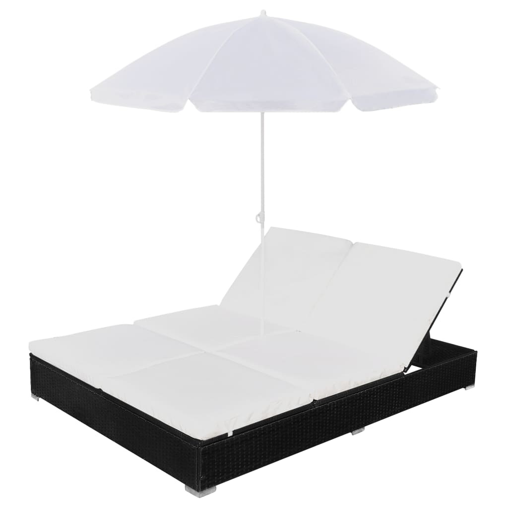 vidaXL Loungebed met parasol poly rattan zwart